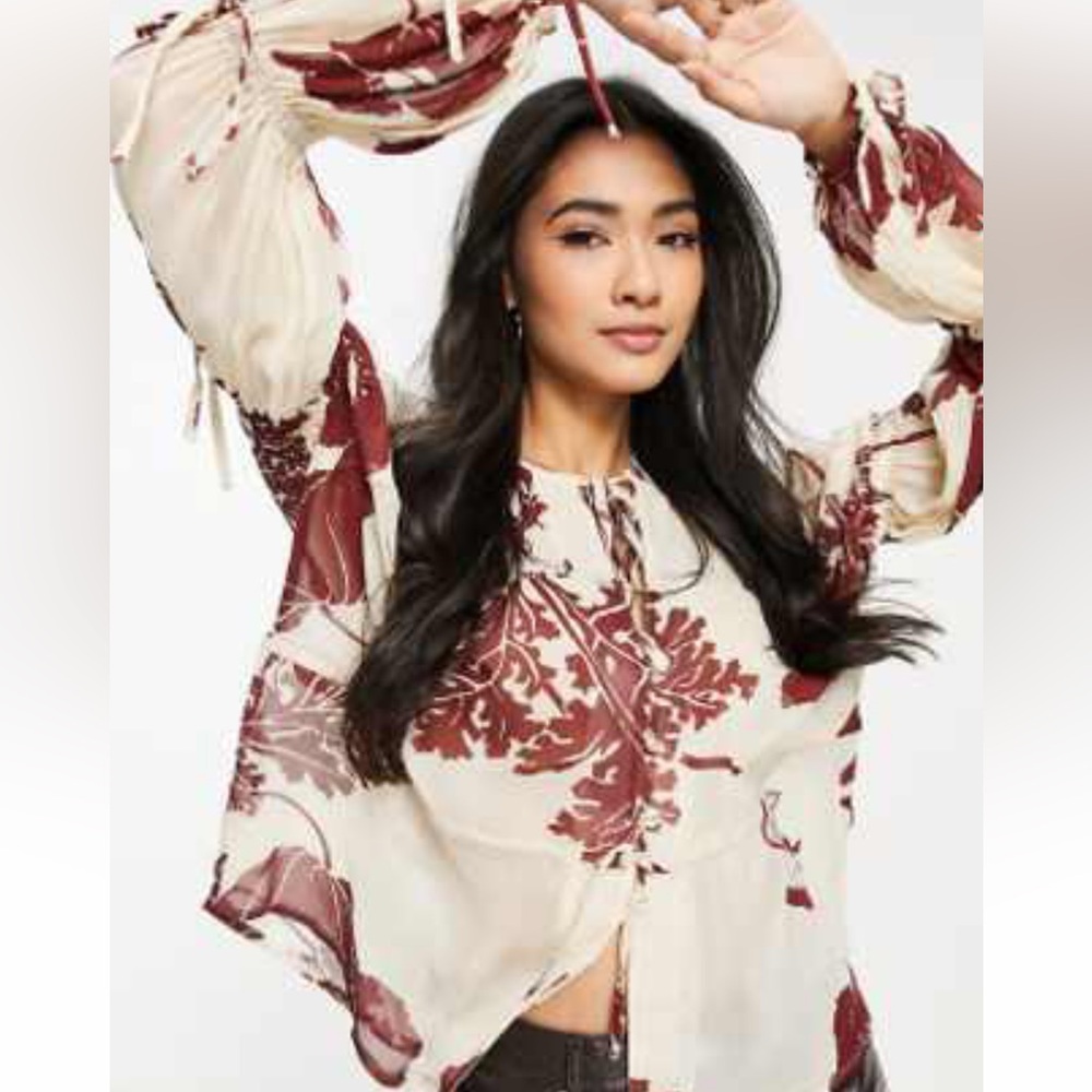 NWT/NIB- ASOS SHEER BLOUSE DESIGN CREAM & RED-BROWN SZ 8-10